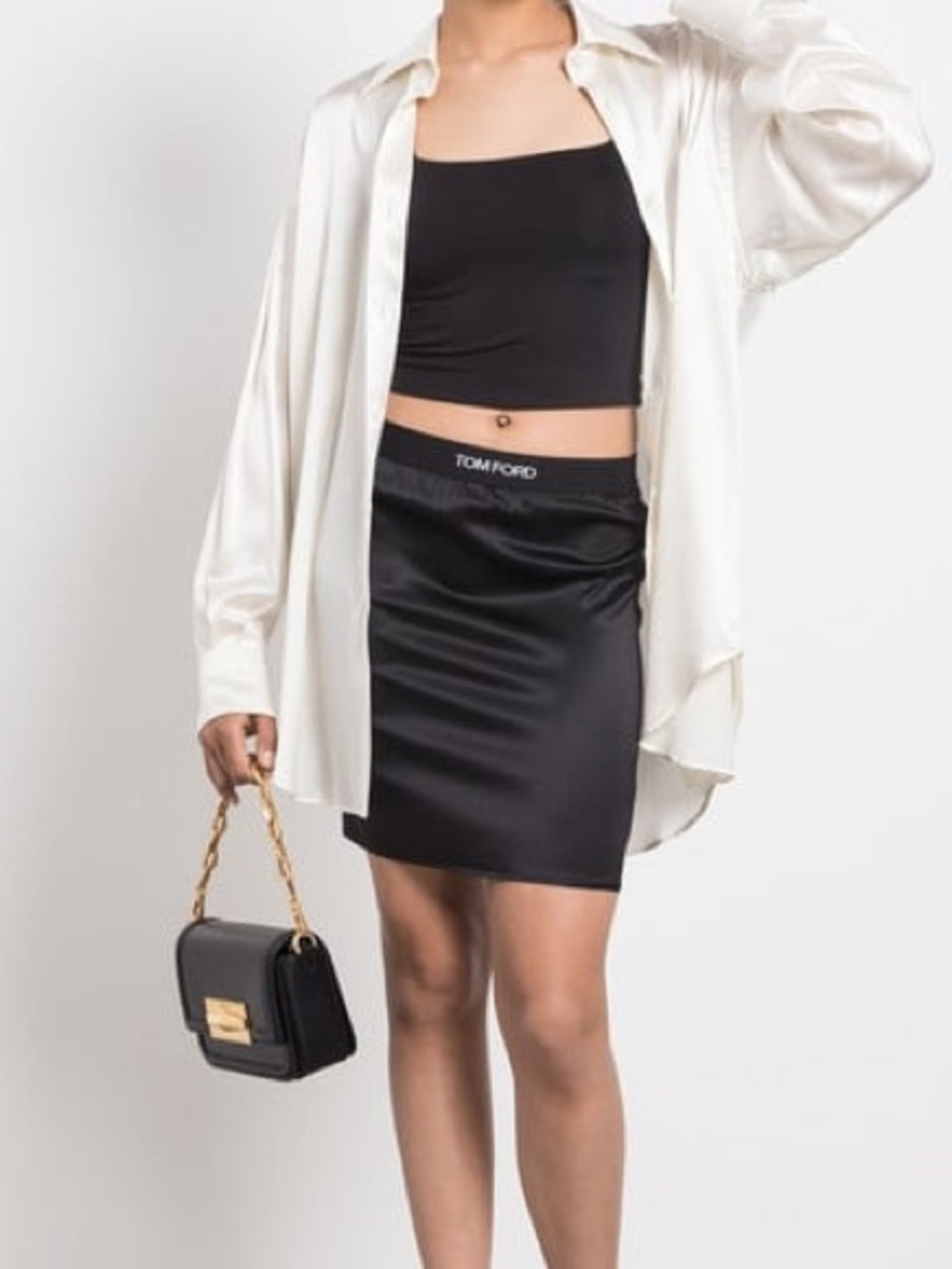 tom ford silk skirt in black with logo